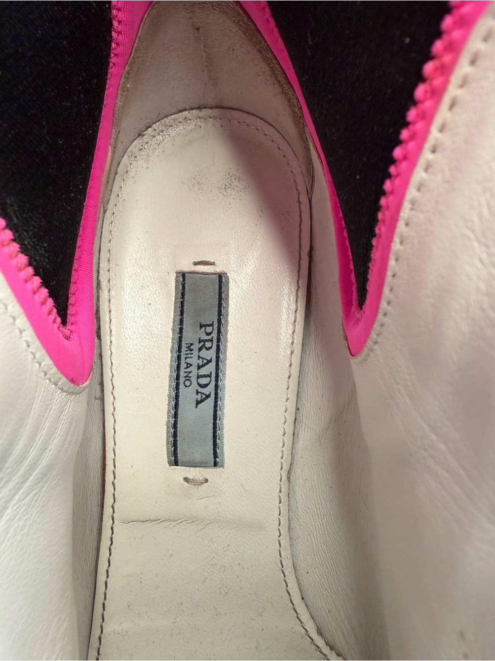 Prada White Leather & Neon Pink Neoprene Chunky Heel Lace Up Boots IT 6.5 - Picture 3 of 16
